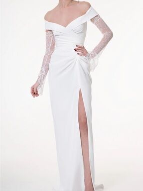 Rhea Costa Off-Shoulder White Lace-Sleeve Evening Gown with High Slit -  Athena